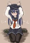  akatsuki_(kantai_collection) arms_up blush commentary_request full-face_blush kantai_collection long_hair looking_at_viewer neckerchief open_mouth pantyhose purple_eyes purple_hair red_neckwear school_uniform serafuku sitting skirt solo translated trembling usui_harusame wariza 