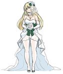  atago_(kantai_collection) blonde_hair bouquet breasts dress elbow_gloves flower gloves high_heels jewelry kantai_collection large_breasts long_hair necklace pantyhose pendant solo tachibana_roku wedding_dress white_dress white_gloves 