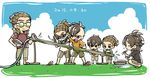  blue_sky bowl brown_hair chopsticks clenched_teeth cloud dated day eating food fudou_akio goggles grass hairlocs inazuma_eleven inazuma_eleven_(series) inazuma_eleven_go kidou_yuuto long_hair male_focus multiple_boys multiple_persona nagashi_soumen noodles older open_mouth outdoors saku_anna sandals sky smile squatting standing teeth water younger 