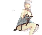  23_(kms23) bad_id bad_pixiv_id bandages blue_dress breasts character_name detached_sleeves dress flower hair_flower hair_ornament kaine_(nier) large_breasts nier nier_(series) ribbon short_dress solo white_hair yellow_eyes 