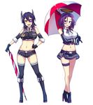  ankle_boots black_footwear boots breasts closed_umbrella crossed_legs eyepatch food fruit kantai_collection knee_boots large_breasts miniskirt multiple_girls peach_(momozen) purple_eyes purple_hair race_queen short_hair shorts skirt standing tatsuta_(kantai_collection) tenryuu_(kantai_collection) thighhighs umbrella watson_cross white_background yellow_eyes 