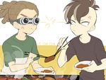  anger_vein brown_hair chopsticks dated food fudou_akio goggles hairlocs inazuma_eleven inazuma_eleven_(series) kidou_yuuto male_focus multiple_boys saku_anna 