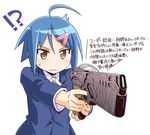  1girl :| ahoge aiming bad_id bad_pixiv_id blue_hair burei_runa business_suit closed_mouth commentary dominator_(gun) formal gun hair_ornament hairclip hidaka_noriko highres konno_aoi looking_at_viewer parody psycho-pass seiyuu_connection short_hair simple_background solo sore_ga_seiyuu! suit sweat translation_request weapon white_background yellow_eyes 