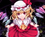  ascot blonde_hair brooch city_lights darkness dress flandre_scarlet hat hat_ribbon highres jewelry kitou_kaitai laevatein looking_at_viewer mob_cap pink_eyes puffy_short_sleeves puffy_sleeves railing red_dress ribbon shirt short_sleeves side_ponytail smile solo touhou wings 
