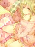  bad_id bad_pixiv_id between_legs checkered checkered_pillow collarbone frilled_pillow frills green_eyes green_hair gumi hand_between_legs heart heart_print looking_at_viewer loungewear pecotank pillow polka_dot_pillow print_pillow sitting skirt solo star star_print stuffed_animal stuffed_toy sweater teddy_bear vocaloid wariza 