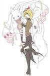  blonde_hair character_request elsword kyubey luriel mahou_shoujo_madoka_magica monster short_hair simple_background smile solo torn_clothes waero wedgie white_background 