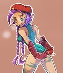  1girl blue_eyes cammy_white cosplay dark_skin pointy_ears purple_hair shantae shantae_(character) simple_background solo street_fighter sweat 