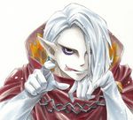  cape dekunoki_dj eyeshadow ghirahim gloves licking_lips looking_at_viewer makeup male_focus one_eye_covered pale_skin pointing pointing_at_viewer pointy_ears sanpaku solo the_legend_of_zelda the_legend_of_zelda:_skyward_sword tongue tongue_out white_gloves white_hair 