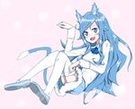  1girl animal_ears blue_eyes blue_hair blush cat_ears cat_tail cravat eire_(sai_fuji) fangs full_body fur_trim garter_straps highres himouto!_umaru-chan loafers long_hair long_sleeves looking_at_viewer open_mouth paw_pose pink_background shoe_soles shoes simple_background smile solo symbol-shaped_pupils tachibana_sylphynford tail thighhighs thighs very_long_hair white_legwear 