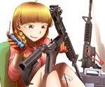  ar-15 assault_rifle bangs blonde_hair blunt_bangs braid brown_eyes cleaning cleaning_gun cleaning_rod didloaded eyebrows eyebrows_visible_through_hair gloves gun long_hair m4_carbine original patch rifle shadow simple_background sitting solo thick_eyebrows weapon white_background 