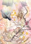  abstract barefoot blush breasts chain dated dress floating_hair flower light_brown_hair light_particles long_hair mosho original paint_(medium) pointy_ears reaching sideboob signature small_breasts solo star traditional_media watercolor_(medium) white_dress 