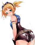  ahoge ass belt blonde_hair blue_eyes blush cum cum_on_ass cum_on_body cum_on_clothes cum_on_lower_body from_behind granblue_fantasy grin han_(jackpot) heart leotard looking_back nose_blush pantylines pengy_(granblue_fantasy) short_hair short_twintails simple_background smile solo twintails white_background 