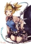  :d bare_shoulders belt black_gloves blonde_hair blue_eyes covered_navel fang fingerless_gloves gloves goggles goggles_on_head granblue_fantasy kyouya_(mukuro238) looking_at_viewer open_mouth pengy_(granblue_fantasy) short_twintails shorts simple_background smile solo twintails white_background 