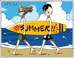  beach black_hair blue_sky border brown_hair cloud dated day english fudou_akio goggles hairlocs horizon inazuma_eleven inazuma_eleven_(series) kidou_yuuto male_focus multiple_boys profile saku_anna sand shirtless sky surfboard walking water 