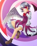  ankle_boots arm_behind_back boots covering_mouth cross-laced_footwear dress folded_leg highres jacket kakiikada kishin_sagume layered_dress long_sleeves looking_at_viewer multicolored multicolored_background open_clothes open_jacket red_eyes ribbon short_hair silver_hair single_wing solo touhou wings 