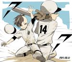  baseball baseball_bat baseball_uniform blue_sky brown_hair cloud dated fudou_akio goggles grin hairlocs inazuma_eleven inazuma_eleven_(series) kidou_yuuto male_focus multicolored_hair multiple_boys outdoors saku_anna sky smile sportswear two-tone_hair uniform_number 