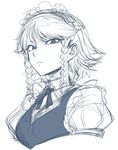  braid frown izayoi_sakuya looking_at_viewer maid maid_headdress monochrome portrait puffy_short_sleeves puffy_sleeves short_hair short_sleeves sketch solo space_jin touhou tsurime twin_braids 