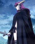  1girl black_panties claudette_(queen&#039;s_blade) claudette_(queen's_blade) cloak green_eyes highres long_hair panties queen&#039;s_blade queen's_blade red_hair sky solo standing stitched sword underwear weapon 