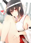  bare_shoulders black_hair blush breasts detached_sleeves floral_print hair_ornament headband japanese_clothes kantai_collection large_breasts nontraditional_miko red_eyes remodel_(kantai_collection) rui_shi_(rayze_ray) short_hair skirt smile solo yamashiro_(kantai_collection) 