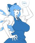  blue blue_eyes blue_hair bow breasts cirno clenched_hand covered_nipples hair_bow hand_on_hip huge_breasts ice ice_wings long_hair monochrome skirt skirt_set solo space_jin teeth touhou translated wings 