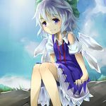  blue_dress blue_eyes blue_hair blue_sky cirno cloud day dress grass hair_ribbon knees_together light_frown looking_at_viewer outdoors piyodesu puffy_short_sleeves puffy_sleeves ribbon short_hair short_sleeves sitting sky solo torn_sleeve touhou wings 