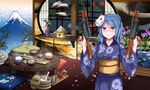  ak-47 assault_rifle blue_eyes blue_hair cai_geng gun japanese_clothes kantai_collection kimono mask mask_on_head rifle sanpaku smile solo urakaze_(kantai_collection) weapon yukata 