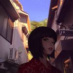  air_conditioner alley balcony bangs black_eyes black_hair blue_sky blunt_bangs building day ilya_kuvshinov original parted_lips sky window 