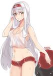  artist_name breasts brown_eyes cleavage groin hairband kantai_collection long_hair medium_breasts midriff navel parted_lips sensen shorts shoukaku_(kantai_collection) simple_background solo sweat towel white_background white_hair 