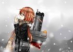  blush brown_eyes brown_hair dated food fruit glasses jacket kantai_collection long_hair mandarin_orange mochizuki_(kantai_collection) nabeshima_tetsuhiro open_mouth profile scarf smokestack snowing solo twitter_username warming_hands 