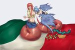  2girls ahoge blue_hair blush breasts brown_eyes cleavage flag harpy lamia large_breasts long_hair mexico miia_(monster_musume) monster_girl monster_musume_no_iru_nichijou multiple_girls navel open_mouth pamyu_kamchan papi_(monster_musume) parody red_hair short_hair simple_background 