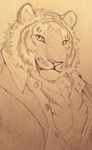  chest_tuft clothed clothing feline fur giraffe_(artist) looking_at_viewer male mammal monochrome muscular partially_clothed pecs pencil_(artwork) sepia sketch solo tiger traditional_media_(artwork) tuft 
