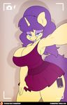  anthro big_breasts blue_eyes breasts cleavage clothed clothing dress equine eyeshadow fan_character female hair half-closed_eyes horn looking_at_viewer makeup mammal my_little_pony purple_hair selfie smile stunnerpony thick_thighs unicorn 