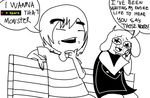  bench black_and_white caprine dialogue english_text eyebrows eyes_closed female goat horn human humor kl0ndike male mammal meme monochrome monster protagonist_(undertale) speech_bubble text toriel undertale 