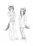 animal_humanoid cat cat_humanoid clothed clothing couple duo feline felis fur greyscale hair hitomikoro humanoid male mammal monochrome simple_background sketch smile standing tails_after_night white_background 
