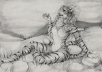  anthro breasts feline female hair lycangel mammal monochrome nude sitting sketch solo tiger wilderness 