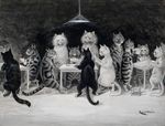  ambiguous_gender biped black_fur cat collar digitigrade eyewear feline fur glasses grey_fur greyscale group holding inside license_info louis_wain mammal monochrome nude painting_(artwork) playing_cards public_domain semi-anthro sitting standing stool striped_fur stripes table traditional_media_(artwork) whiskers white_fur 