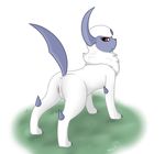  2015 absol all_fours anus butt female feral fur grass kyoushiro looking_back nintendo pok&eacute;mon presenting presenting_hindquarters presenting_pussy pussy raised_tail red_eyes simple_background solo video_games white_background white_fur 