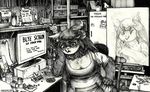  2015 alcohol angry anthro apron arkomeda avian beer beverage big_breasts bird blue_screen breasts canvas caprine clothed clothing coffee computer female food fridge fur hair horn inside long_hair mammal money monochrome paint painting pen_(artwork) pencil scene sheep solo traditional_media_(artwork) 