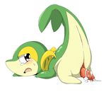  2015 animal_genitalia blush cloaca cum cum_on_ground cum_on_penis doneru erection looking_at_viewer looking_back lying male nintendo on_front penis penis_backwards pink_background pok&eacute;mon raised_tail scalie simple_background snivy solo tapering_penis tears video_games 