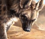  2015 ambiguous_gender brown_eyes brown_fur close-up detailed dirt feral fur headshot_portrait hyena kenket looking_at_viewer mammal outside painting portrait shaded side_view solo white_fur 