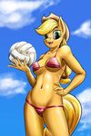  2015 anthro anthrofied applejack_(mlp) blonde_hair breasts cloud d-lowell earth_pony equine female friendship_is_magic green_eyes hair hand_on_hip hat horse long_hair looking_at_viewer mammal my_little_pony navel open_mouth orange_skin outside pony solo 