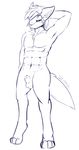  2012 abs anthro balls canine english_text fully_sheathed fur hair half-closed_eyes larkdraws male mammal monochrome muscular navel nude paws raised_arm sheath sketch smile solo text 