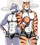  abs anthro bearlovestiger13 bow_tie bulge canine clothed clothing duo feline fur half-dressed male mammal muscular muscular_male nipples pecs tiger toned topless underwear wolf 
