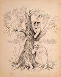  ambiguous_gender biped black_and_white cat digitigrade feline fur group hand_in_mouth holding leaf license_info louis_wain mammal monochrome nude open_mouth outside public_domain semi-anthro sitting standing tree whiskers white_fur 