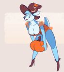  2015 autumn bent_over blue_eyes blue_fur breasts cervine cleavage clothed clothing costume cute deer female fur halloween hat high_heels holidays horn junga mammal open_mouth phallic pumpkin raised_tail scarecrow simple_background smile standing white_background white_sclera 