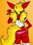  anthro back blonde_hair butt cinnamon_swirl clothing eeveelution female fingerless_gloves flareon fur gloves hair hand_on_hip nintendo panties pcaduck pok&eacute;mon red_fur shirt solo standing underwear video_games 