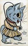  anthro cat chibi clothed clothing cute dress english_text feline female fur grey_fur holding jump_rope license_info looking_at_viewer louis_wain mammal open_mouth public_domain simple_background solo text traditional_media_(artwork) whiskers white_background 