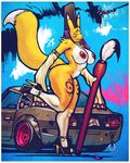  2015 abstract_background anthro arm_sleeves big_breasts black_sclera blue_eyes breasts canine car digimon fangs female fox hat high_heels looking_at_viewer mammal navel nipples nude open_mouth paintbrush renamon sligarthetige sligarthetiger smile solo taomon vehicle wide_hips 