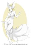  2015 aimi ankh anthro balls big_ears canine digitigrade ear_piercing etheras fennec fluffy_tail fox front_view fully_sheathed fur girly hi_res jewelry male mammal nude on_one_leg piercing sheath solo white_fur wide_hips yellow_eyes 