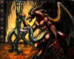  2008 anthro bdsm blue_eyes bondage bound demon dragon drooling forced fugueraven green_scales head_grab hooves open_mouth penis red_scales saliva scales scalie sharp_claws sharp_teeth smile snake_penis teeth tongue 